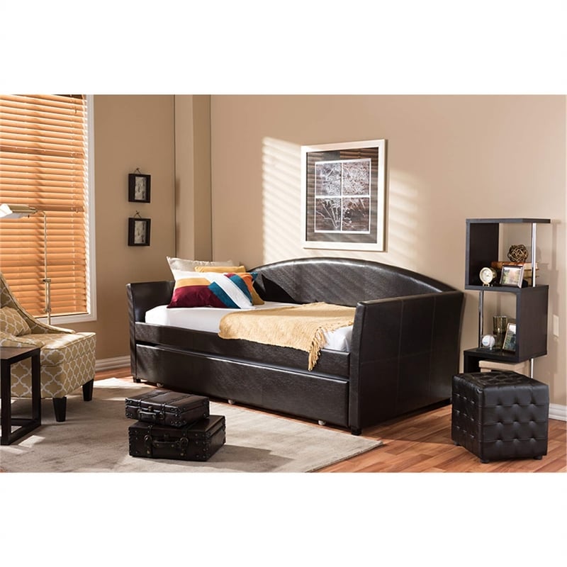 Bowery Hill Modern Faux Leather Twin Daybed with Trundle in Brown