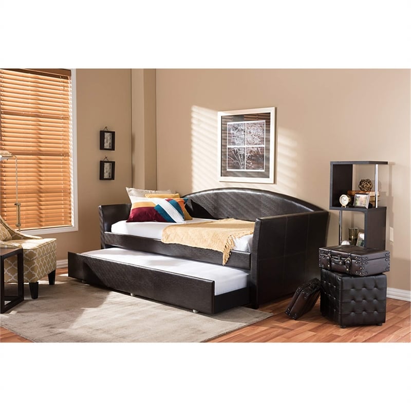Bowery Hill Modern Faux Leather Twin Daybed with Trundle in Brown