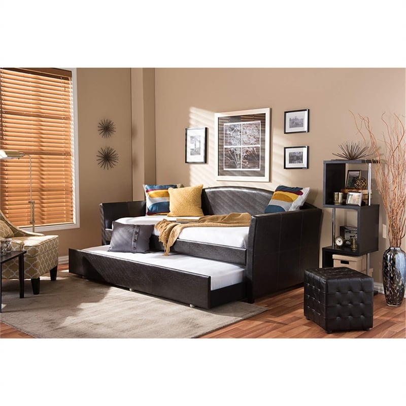 Bowery Hill Modern Faux Leather Twin Daybed with Trundle in Brown