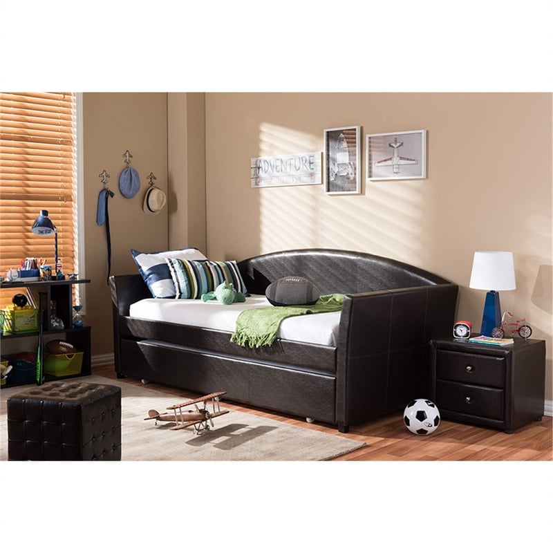 Bowery Hill Modern Faux Leather Twin Daybed with Trundle in Brown