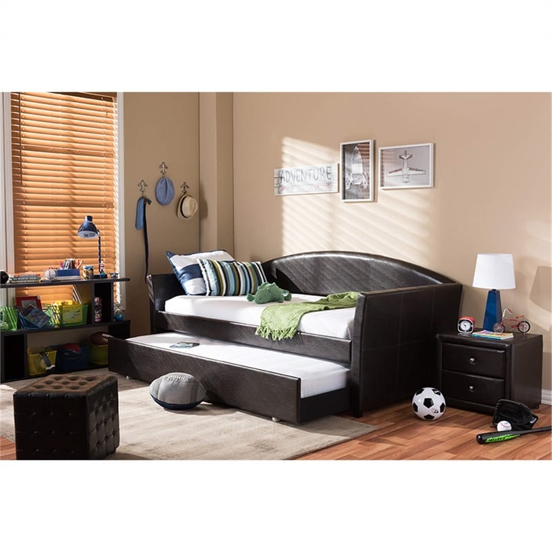 Bowery Hill Modern Faux Leather Twin Daybed with Trundle in Brown