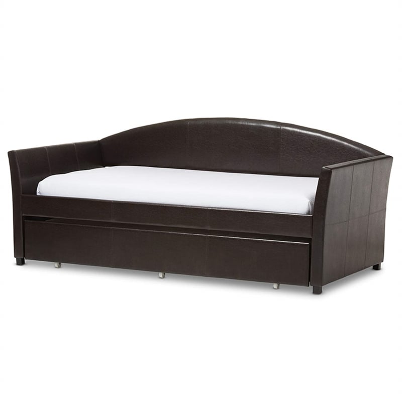 Bowery Hill Modern Faux Leather Twin Daybed with Trundle in Brown