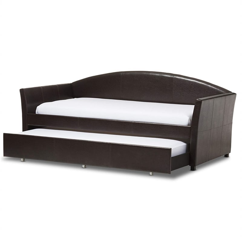 Bowery Hill Modern Faux Leather Twin Daybed with Trundle in Brown