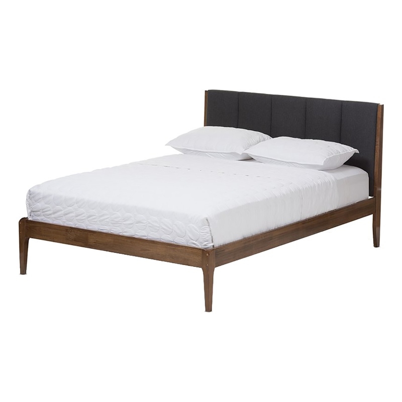 Bowery Hill Mid-century Fabric King Platform Bed in Gray/Walnut Brown