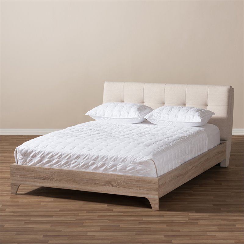 Bowery Hill Mid-Century Upholstered Full Platform Bed in Light Beige