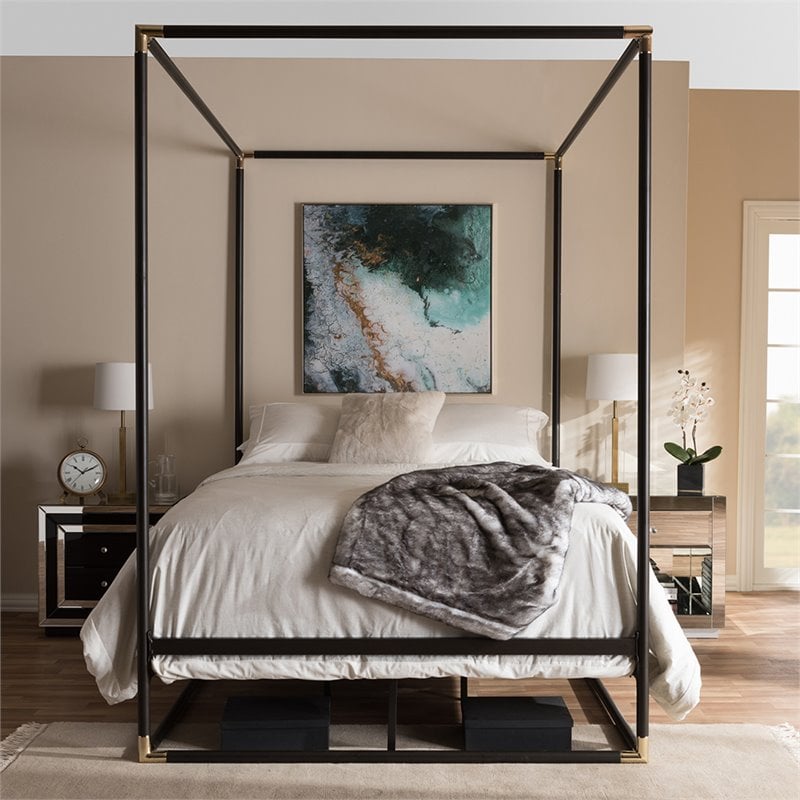 Bowery Hill Vintage Industrial Queen Metal Canopy Bed in Black