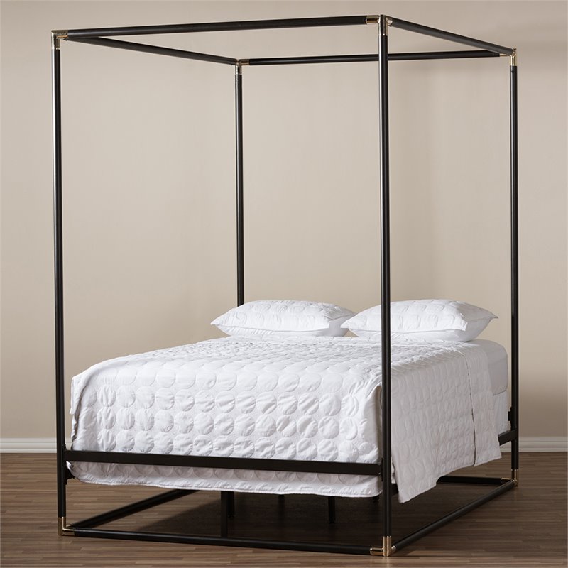 Bowery Hill Vintage Industrial Queen Metal Canopy Bed in Black