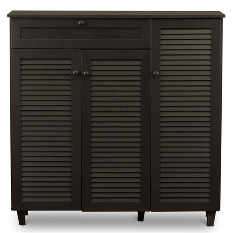 Bowery Hill Contemporary 3 Door Shoe Cabinet in Dark Brown