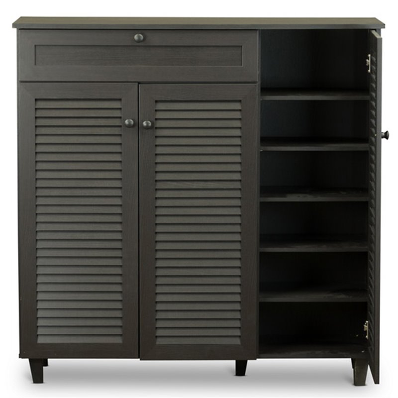 Bowery Hill Contemporary 3 Door Shoe Cabinet in Dark Brown
