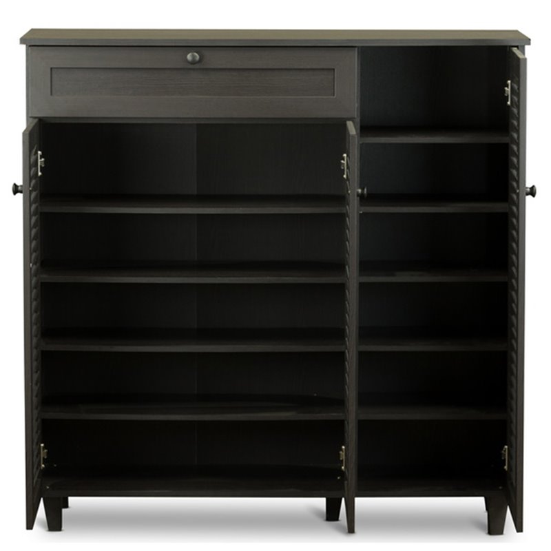 Bowery Hill Contemporary 3 Door Shoe Cabinet in Dark Brown
