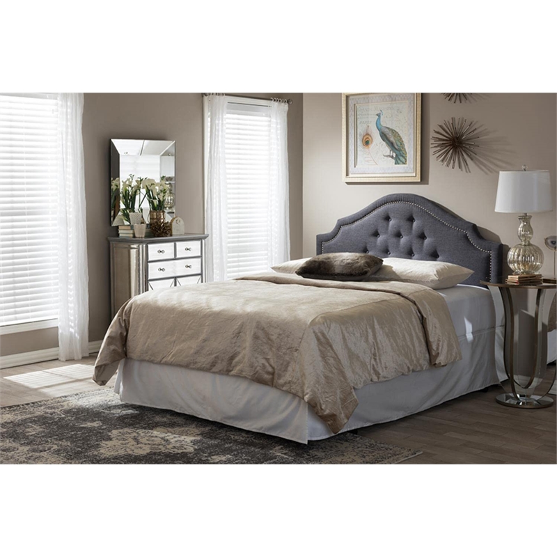 Bowery Hill Fabric Upholstered Full Headboard with Silver Nail Heads in Gray