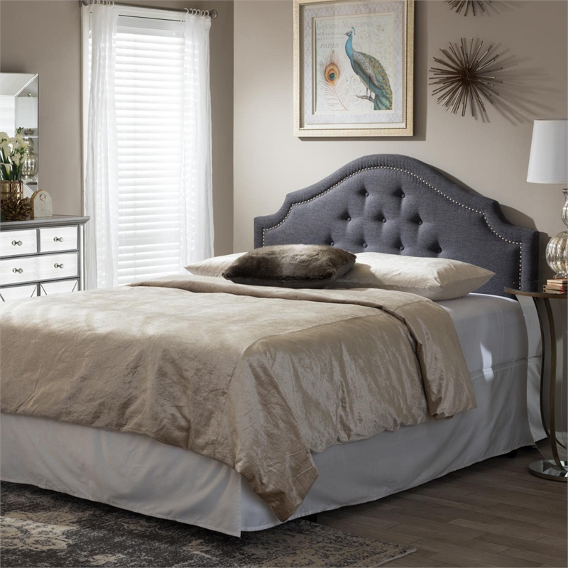 Bowery Hill Fabric Upholstered Full Headboard with Silver Nail Heads in Gray