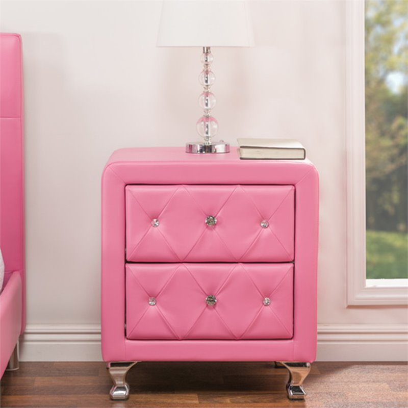 Bowery Hill Modern 2 Drawer Faux Leather Crystal Tufted Nightstand
