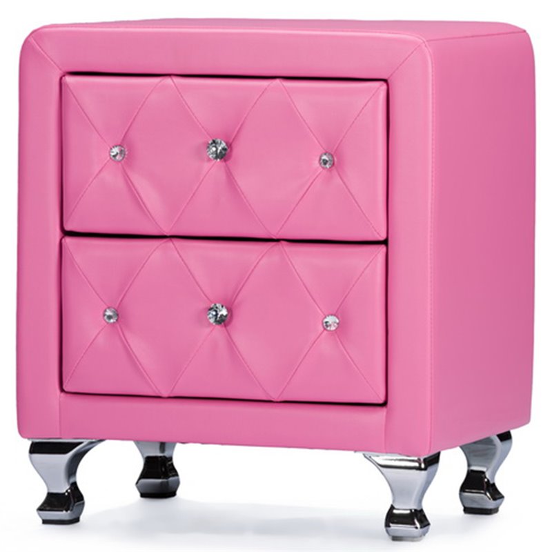 Bowery Hill Modern 2 Drawer Faux Leather Crystal Tufted Nightstand