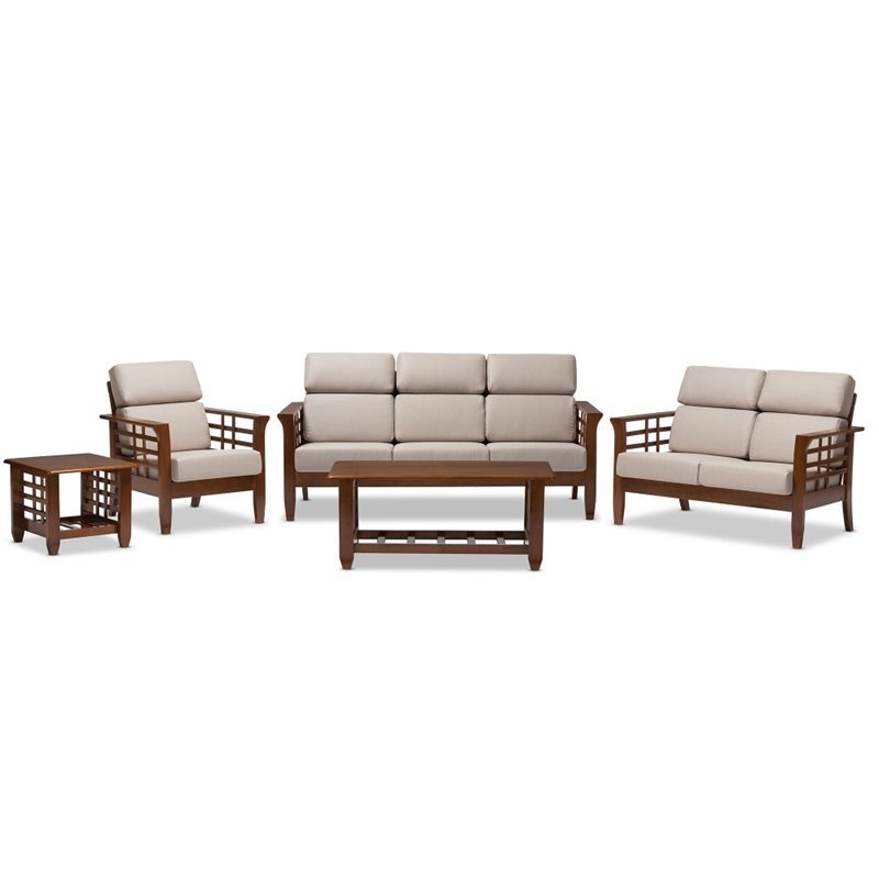 Bowery Hill Provincial Style 5 Piece Sofa Set in Taupe and Cherry