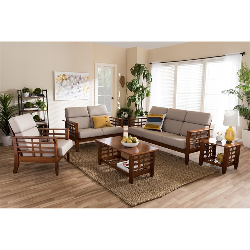 Bowery Hill Provincial Style 5 Piece Sofa Set in Taupe and Cherry