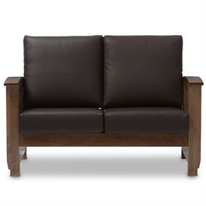 bowery hill mission style faux leather hardwood loveseat in dark brown
