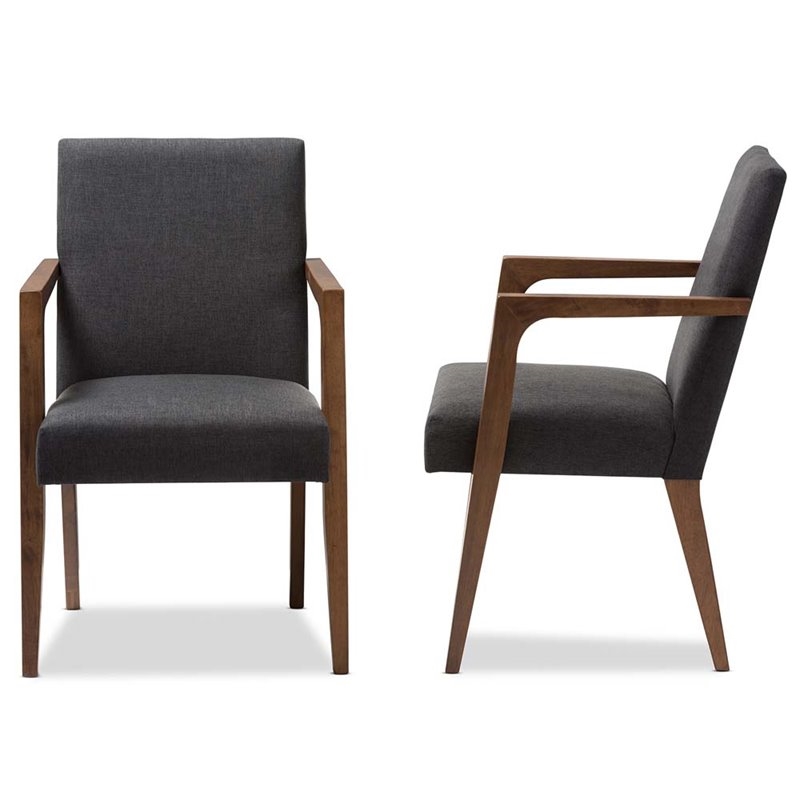 Bowery Hill Mid-Century Fabric/Wood Arm Chair in Dark Gray (Set of 2)