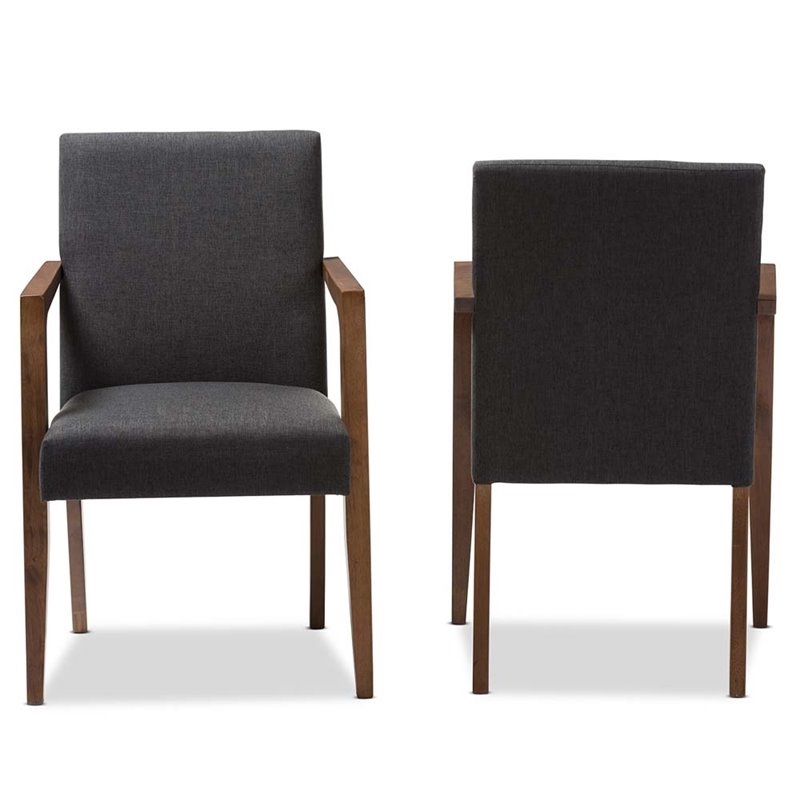 Bowery Hill Mid-Century Fabric/Wood Arm Chair in Dark Gray (Set of 2)