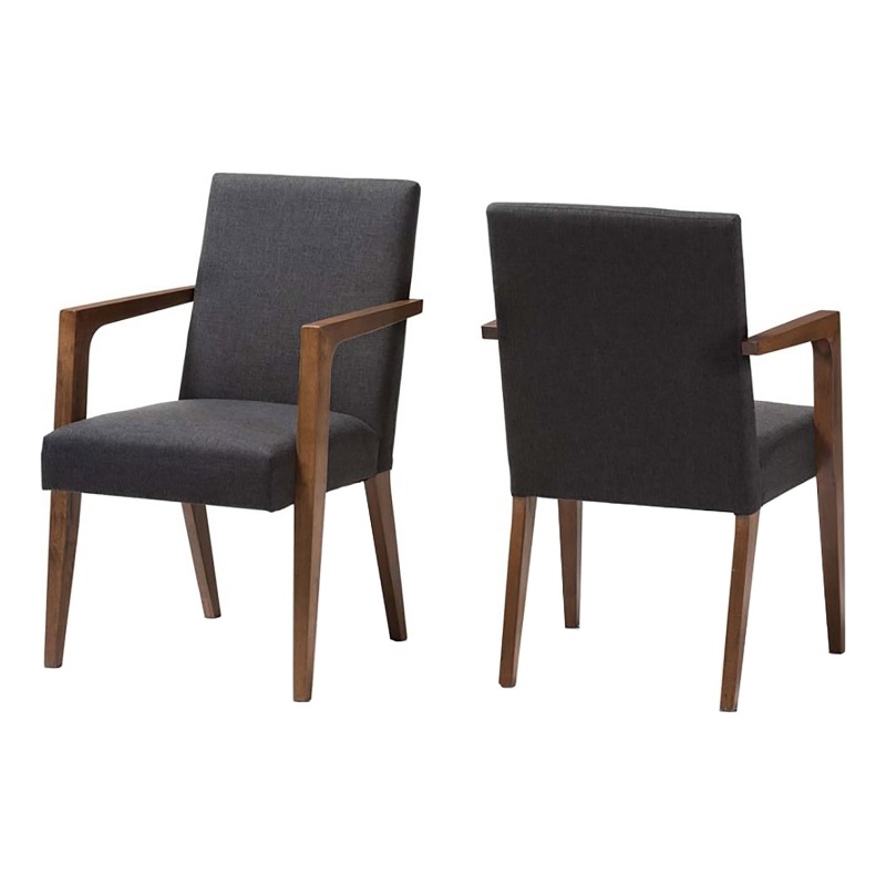 Bowery Hill Mid-Century Fabric/Wood Arm Chair in Dark Gray (Set of 2)