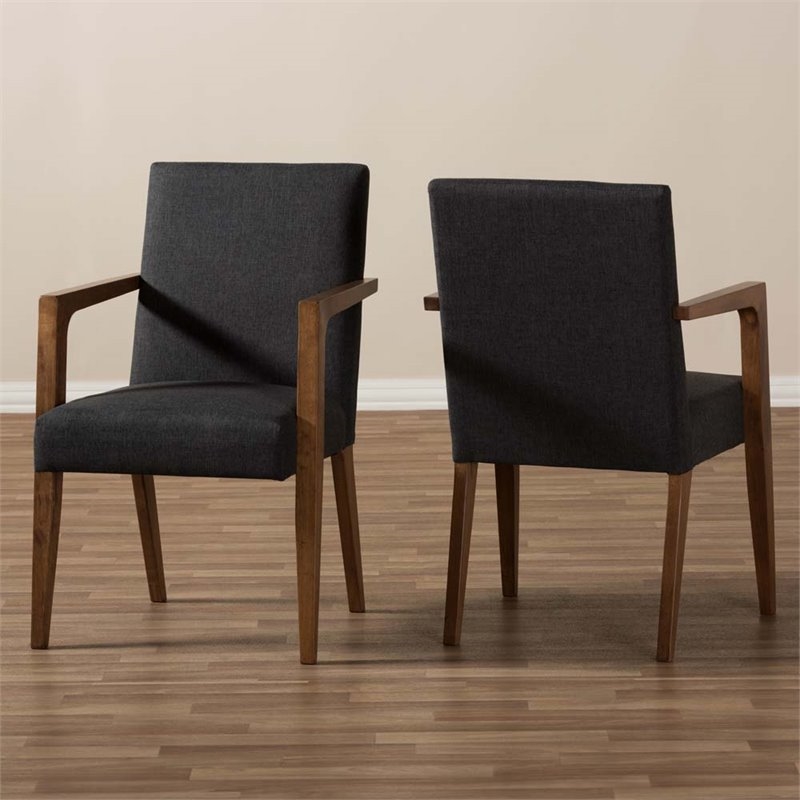 Bowery Hill Mid-Century Fabric/Wood Arm Chair in Dark Gray (Set of 2)