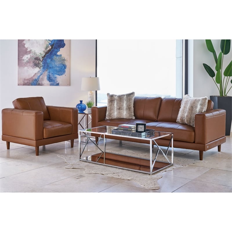 Bowery Hill Contemporary Genuine Leather Accent Chair in Fiero Tan