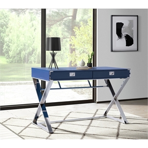 bowery hill contemporary 2-drawer desk in glossy blue metal