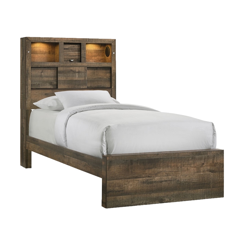 Bowery Hill Solid Wood Twin Bookcase Panel Bed with Bluetooth in Walnut