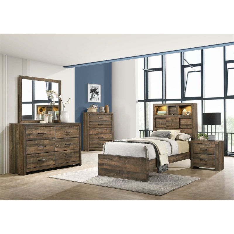 Bowery Hill Solid Wood Twin Bookcase Panel Bed with Bluetooth in Walnut