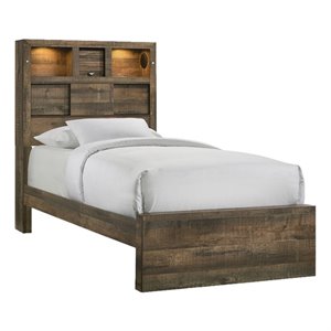Bowery Hill Solid Wood Twin Bookcase Panel Bed with Bluetooth in Walnut
