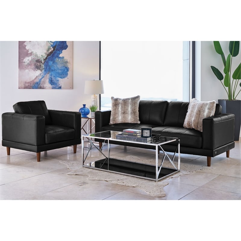 Bowery Hill Contemporary Genuine Leather Accent Chair in Fiero Black