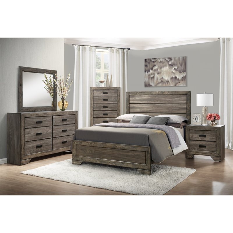 Bowery Hill Solid Wood 4 Piece King Panel Bedroom Set in Wire Brush Gray