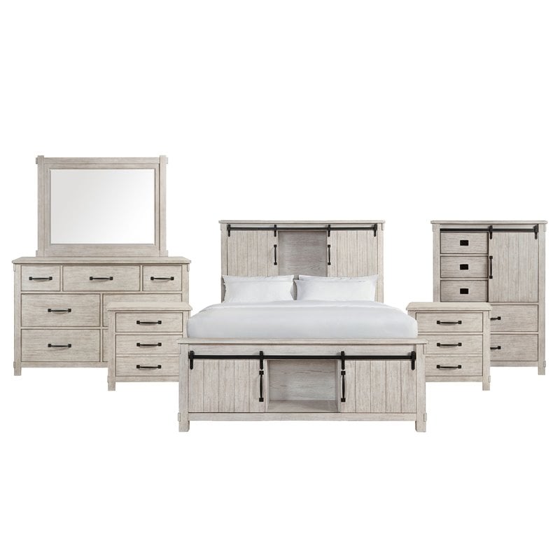 Bowery Hill Rubber Wood 6 Piece Queen Platform Storage Bedroom Set White Washed