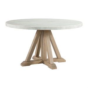 Bowery Hill Round Dining Table in White Marble Top/Natural Wood Base