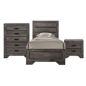 Bowery Hill Solid Wood 3 Piece Youth Twin Panel Bedroom Set in Wire Brush Gray