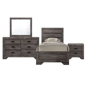 Bowery Hill Solid Wood 4 Piece Twin Bedroom Set in Wire Brush Gray