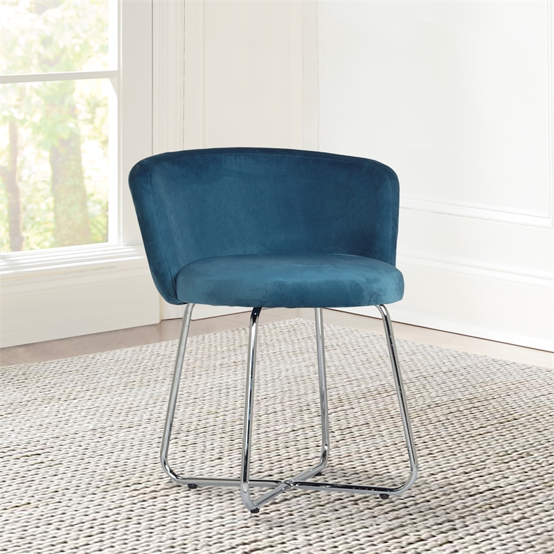 Bowery Hill Traditional Furniture Metal Vanity Stool in Blue Fabric