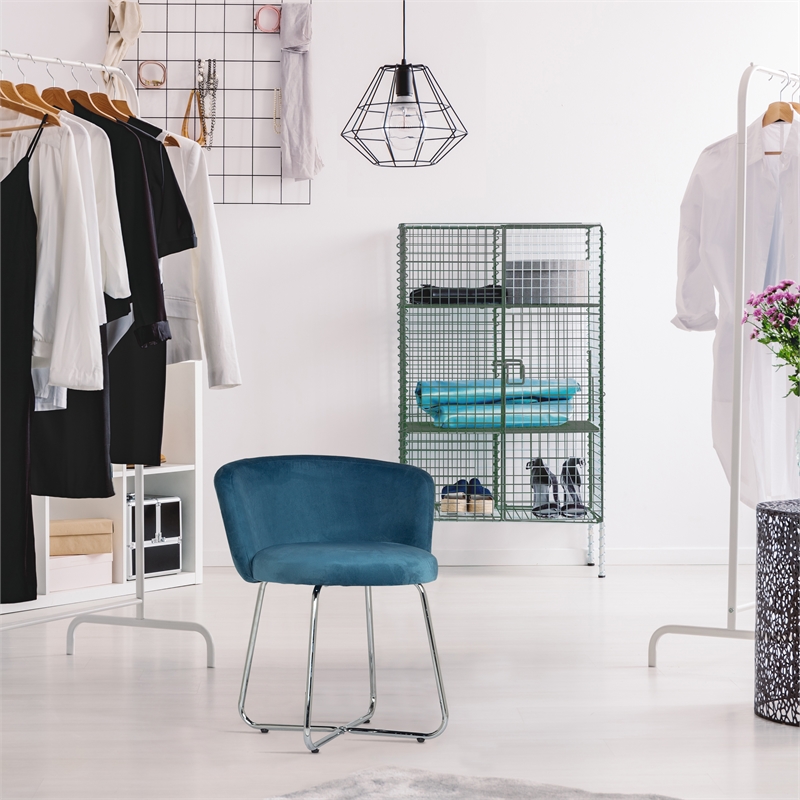 Bowery Hill Traditional Furniture Metal Vanity Stool in Blue Fabric