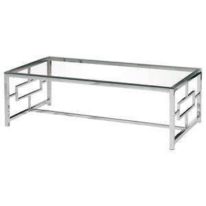 bowery hill stainless steel and glass coffee table in silver base and clear