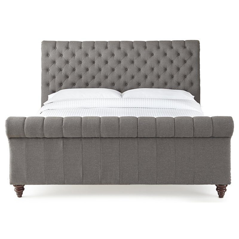 Bowery Hill Contemporary Tufted King Wood Sleigh Bed in Gray