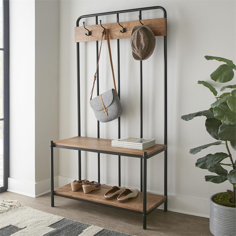 Bowery Hill Modern Black Metal Hall Tree in Warm Honey Finish