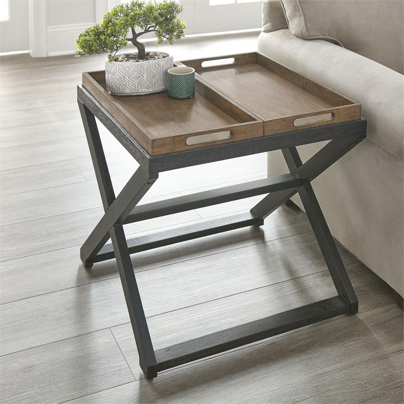 Bowery Hill Mid-Century Walnut and Ebony Solid Wood End Table