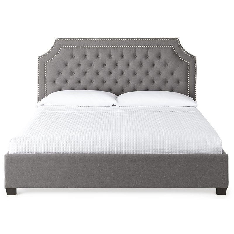 Bowery Hill Tufted Solid Mango Wood Queen Platform Bed in Gray