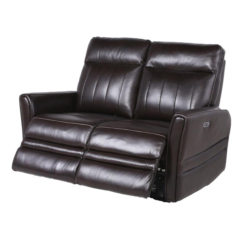 Bowery Hill Contemporary Leather Power Recliner Loveseat in Brown