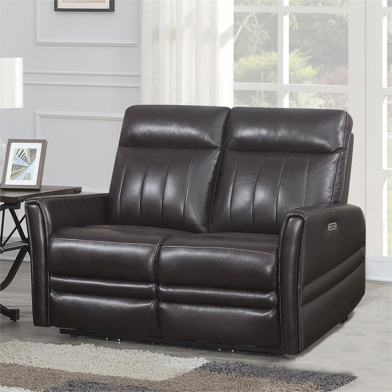 Bowery Hill Contemporary Leather Power Recliner Loveseat in Brown