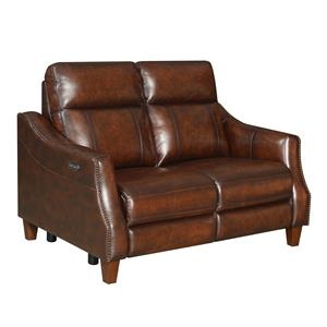 bowery hill english chestnut brown leather power reclining loveseat