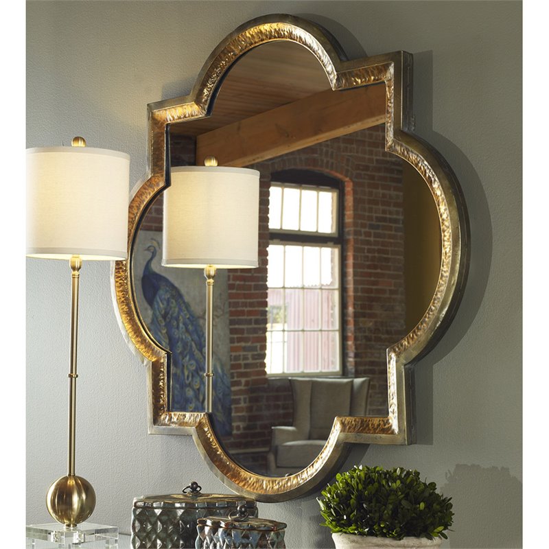 Bowery Hill Contemporary Hammered Metal Mirror in Antiqued Gold