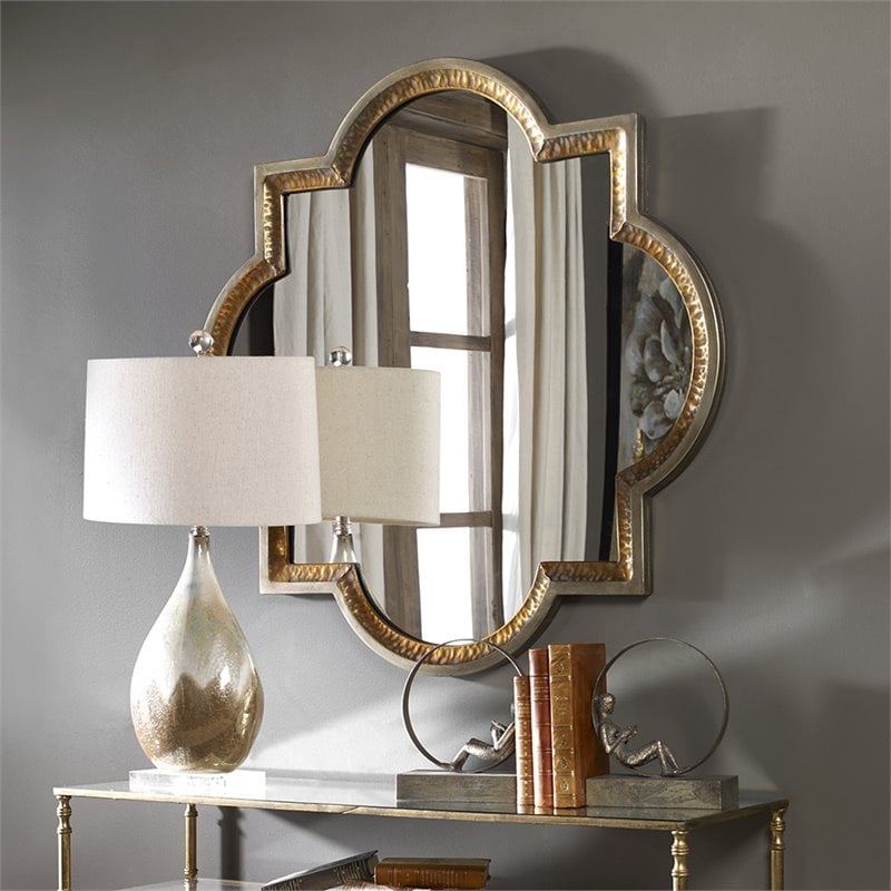 Bowery Hill Contemporary Hammered Metal Mirror in Antiqued Gold