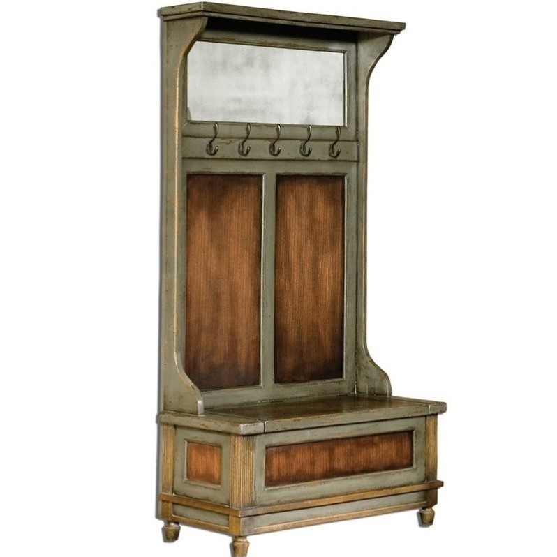 Bowery Hill Distressed Hall Tree in Charcoal Gray and Honey Stained