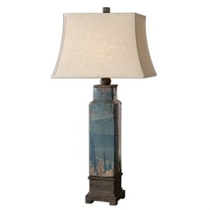 bowery hill contemporary table lamp in distressed blue glaze
